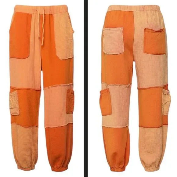 POL Jogger Pants Orange Patchwork Adjustable Drawstring Cargo Pockets Contrast - Picture 7 of 7